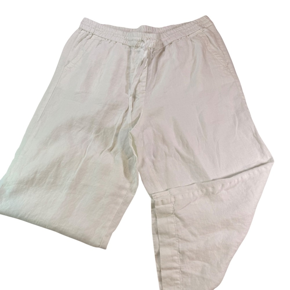 Talbots Linen Pants Womens LP White Drawstring Wide Leg Crop Coastal Resortwear